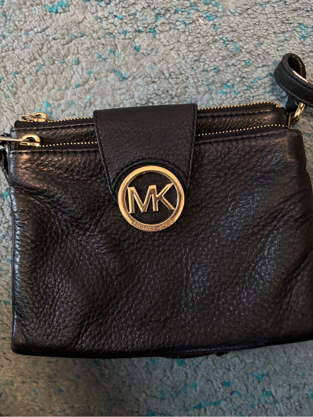Michael Kors Black Pebbled Leather Small Crossbody Bag with Gold MK Emblem